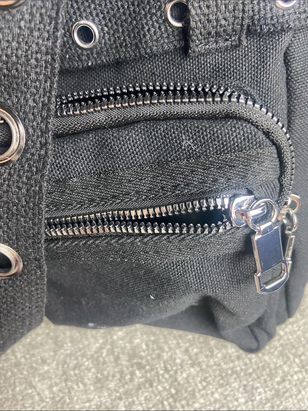 Black Canvas Grommet Belt Bag with Chain Accent